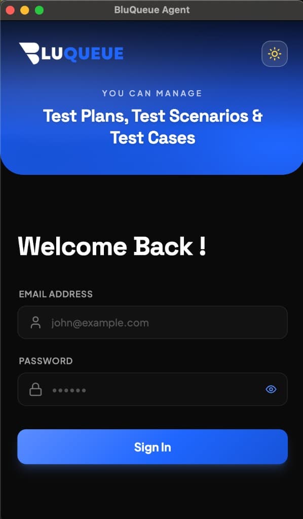 BluQueue desktop agent sign-in screen
