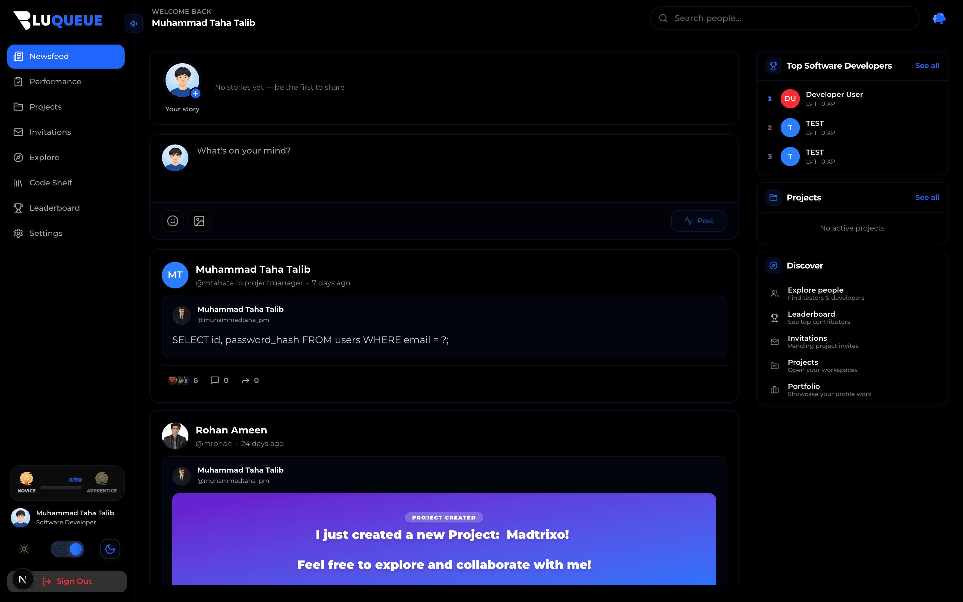 BluQueue community newsfeed